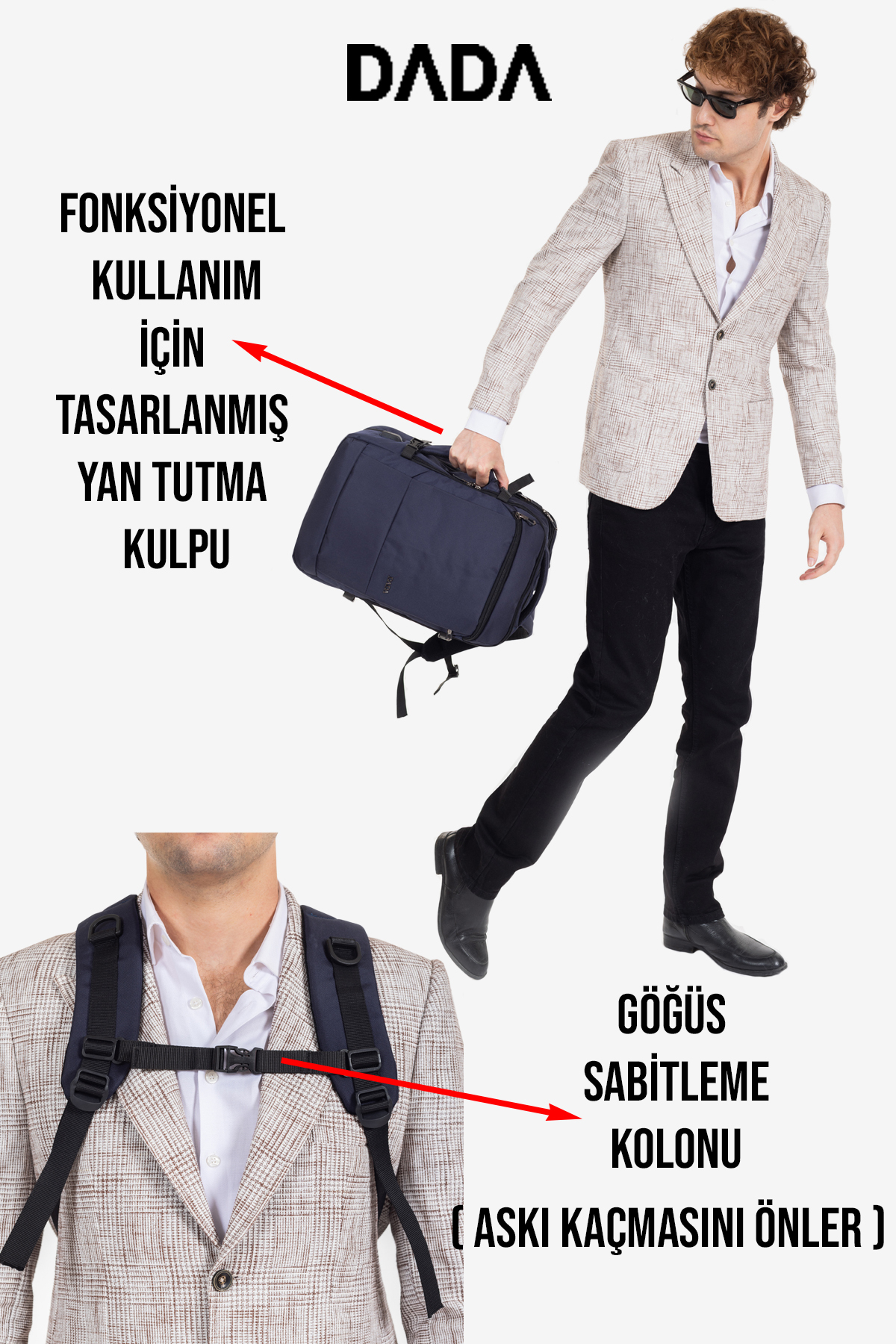 Yan tutma kulbu ve göğüs sabitleme kolonlu sırt çantasını gösteren erkek modeli.