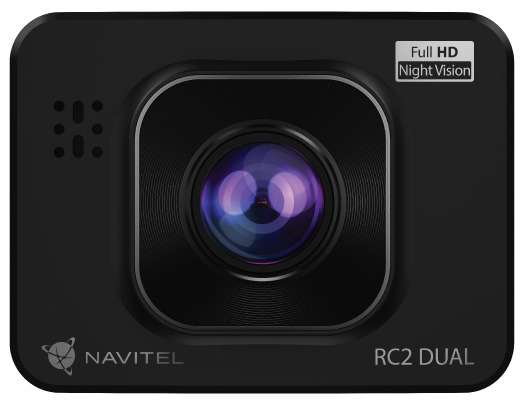 Czarna kamera samochodowa Navitel RC2 Dual z centralnym obiektywem i napisem Full HD Night Vision.
