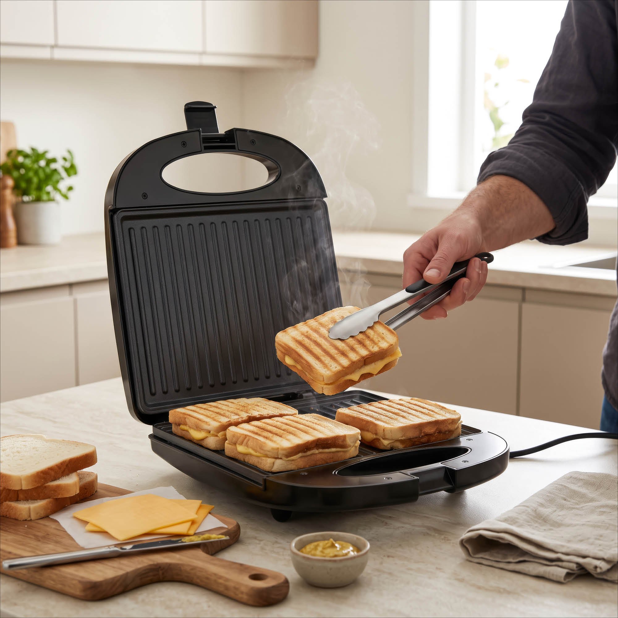 A person uses tongs to take a toasted cheese sandwich from a black panini press on a kitchen counter.