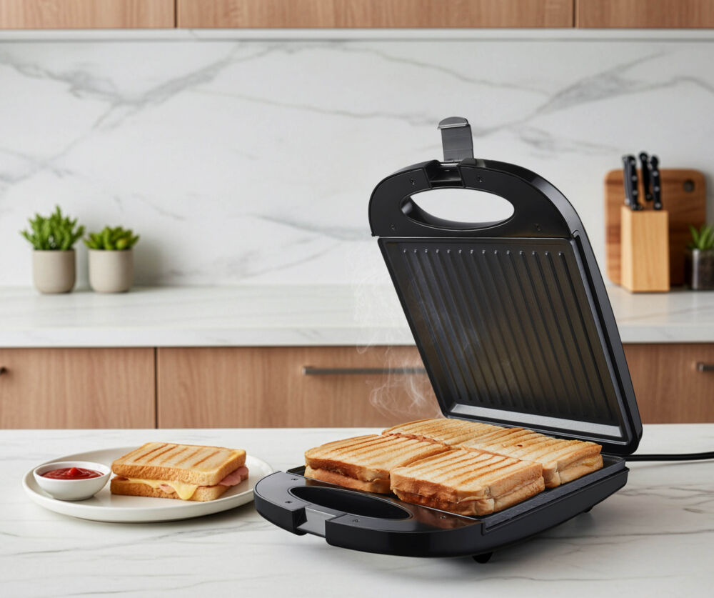 An open sandwich maker on a kitchen counter with freshly toasted sandwiches and a small bowl of ketchup.