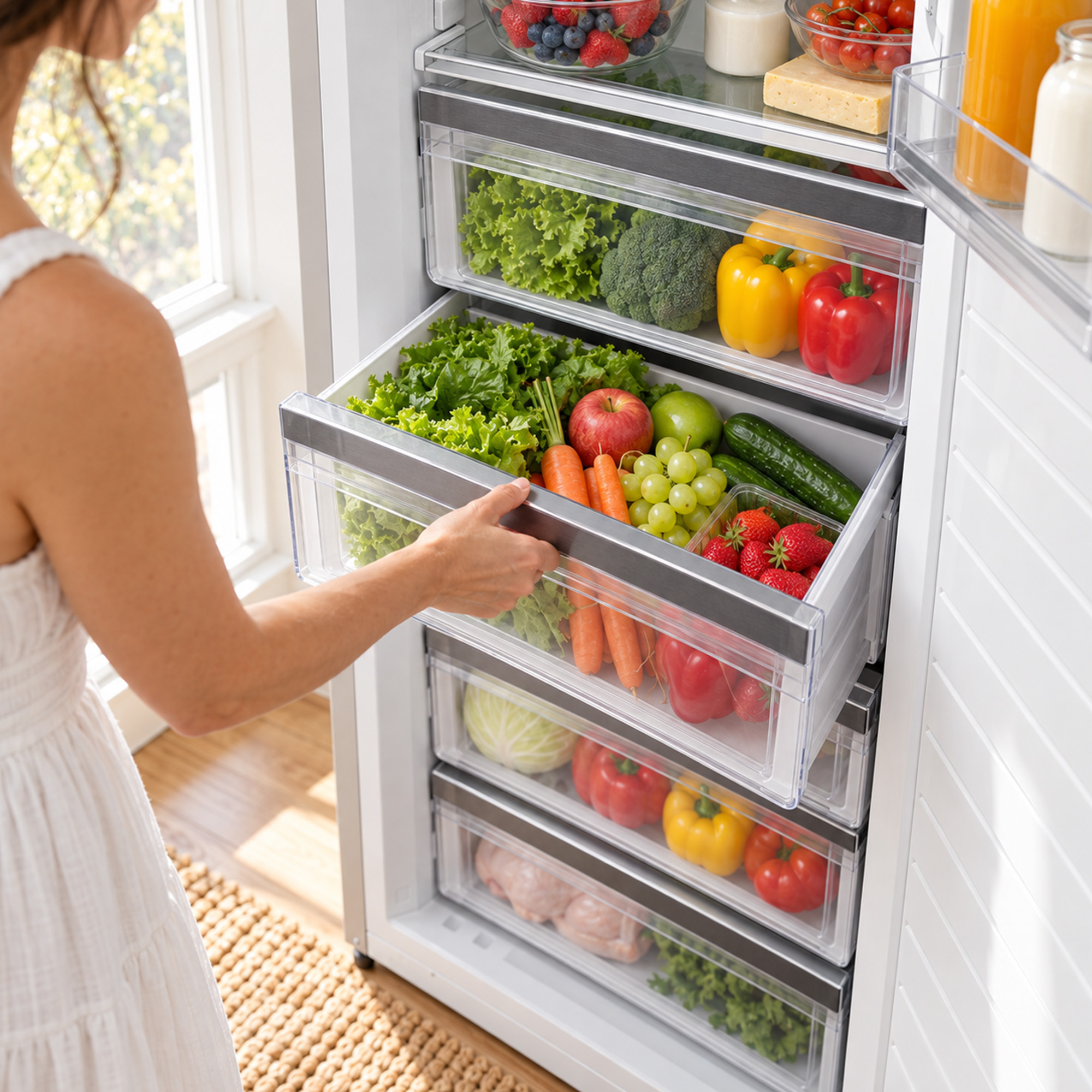 Eine Frau öffnet die gefüllte Gemüseschublade eines gut sortierten Kühlschranks mit frischem Obst und Gemüse.