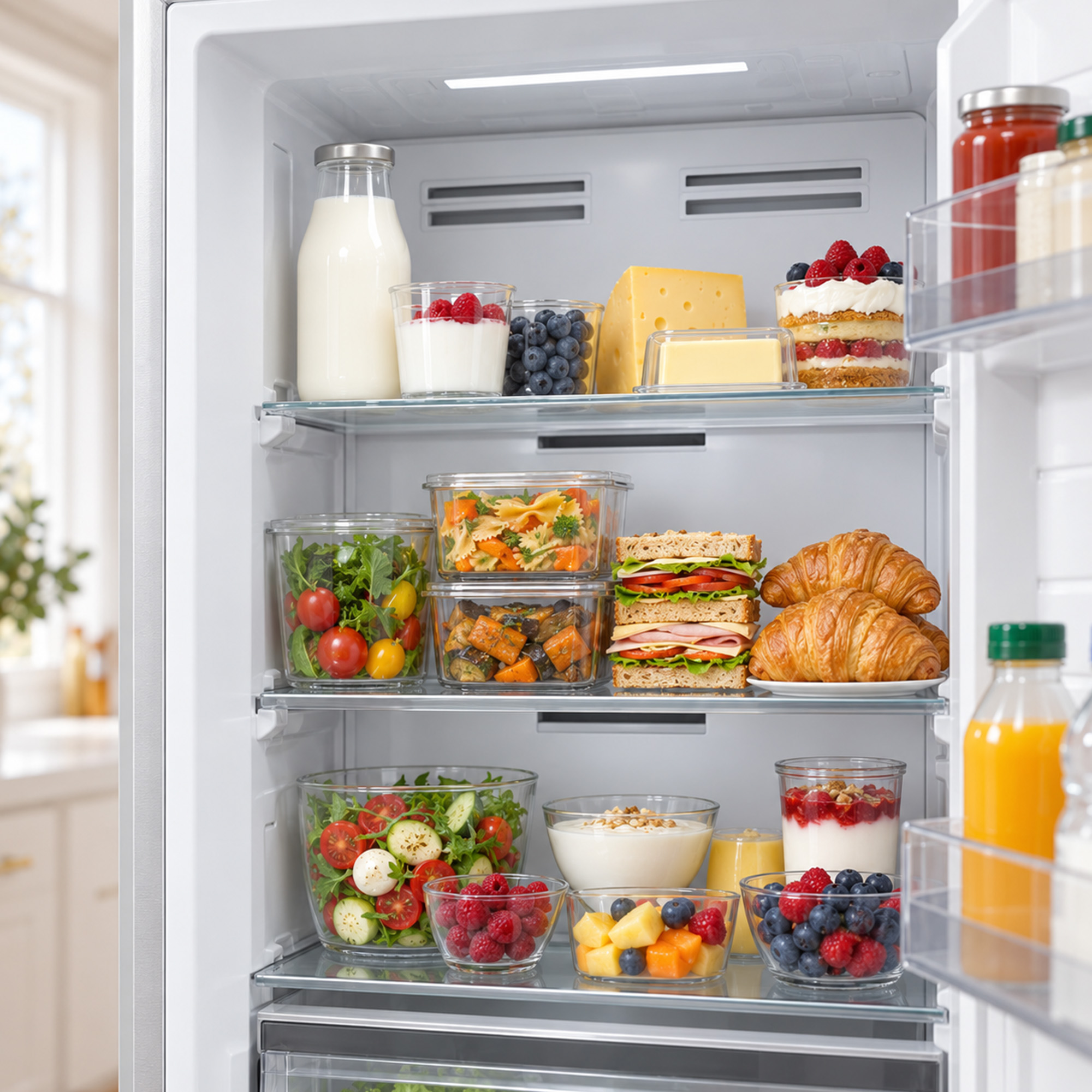 Ein gut gefüllter Kühlschrank mit frischem Gemüse, Obst, Milchprodukten und Sandwiches.