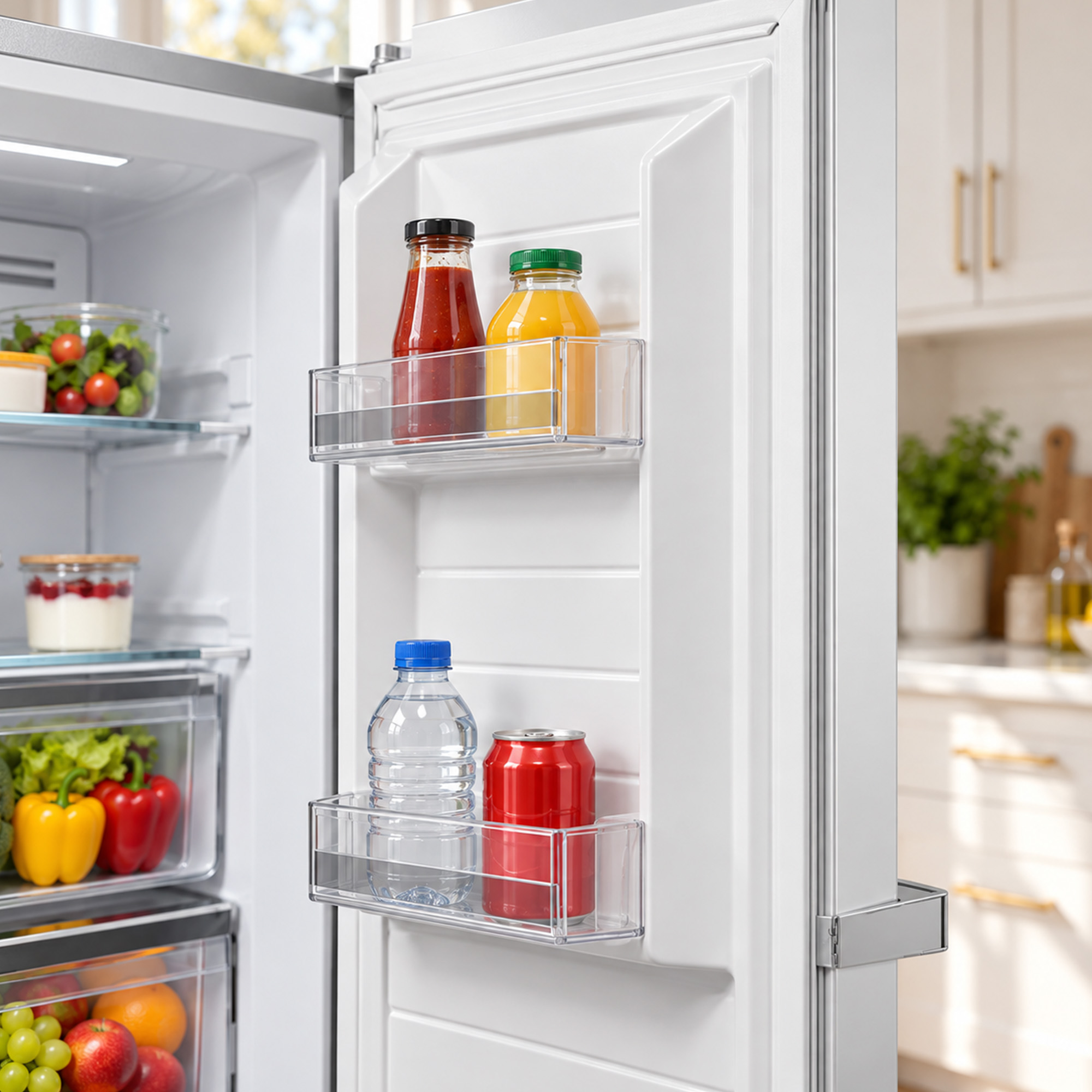Geöffneter Kühlschrank mit Flaschen und Soßen in den Türfächern, Obst und Gemüse auf den Regalen.