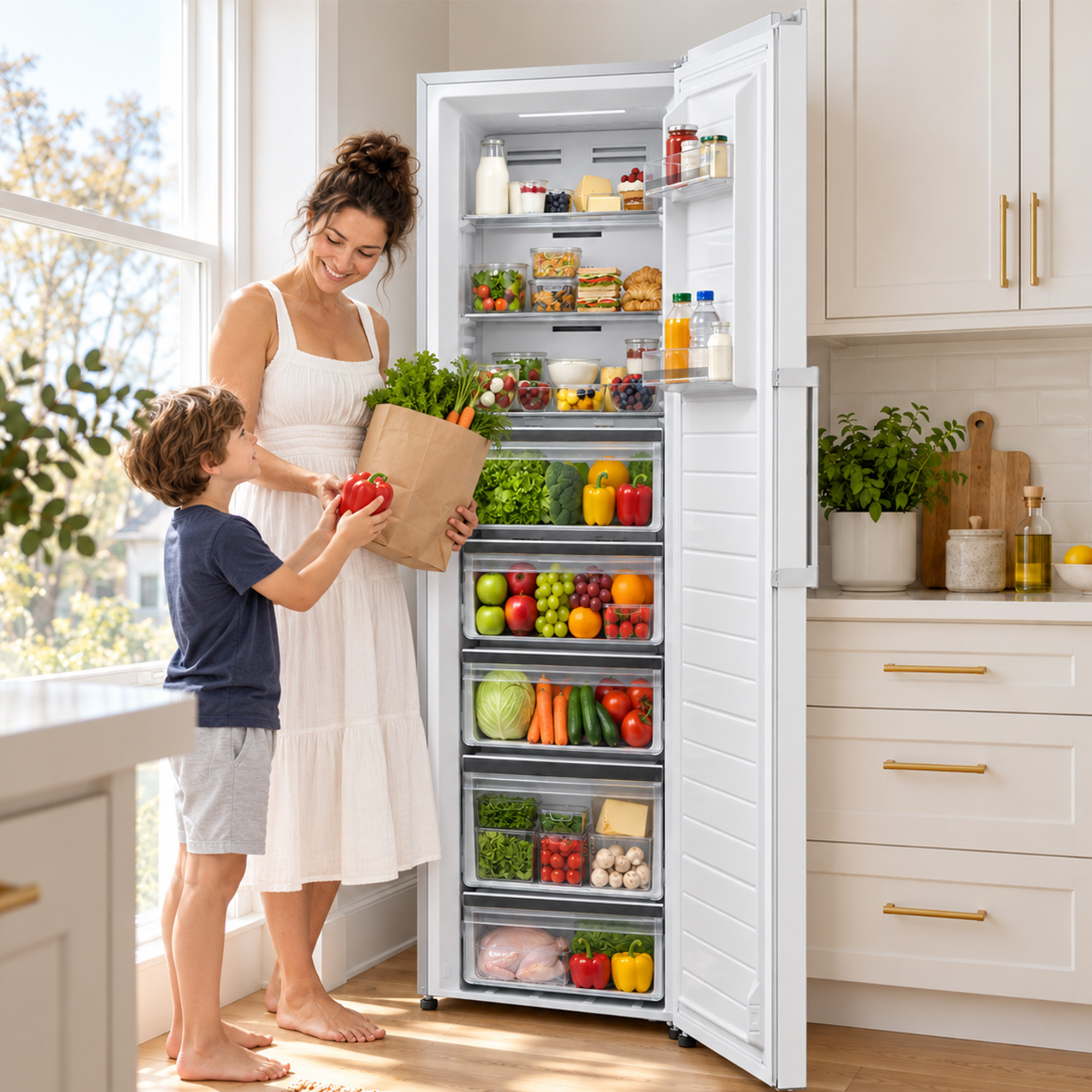 Eine Mutter und ihr Sohn räumen in einer hellen Küche Lebensmittel aus einer Papiertüte neben einem Kühlschrank ein.