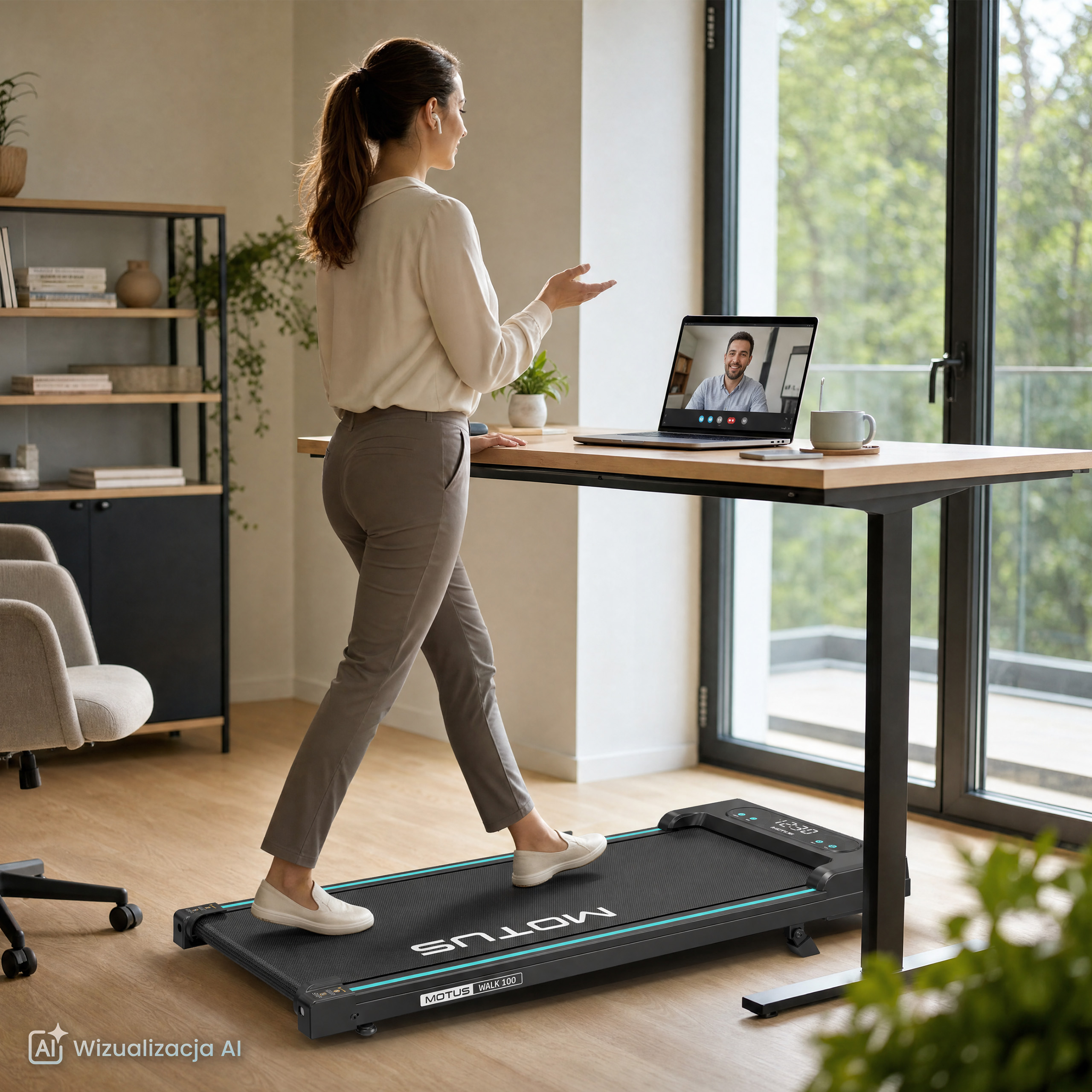 Kobieta chodzi na bieżni pod biurko podczas wideorozmowy na laptopie.