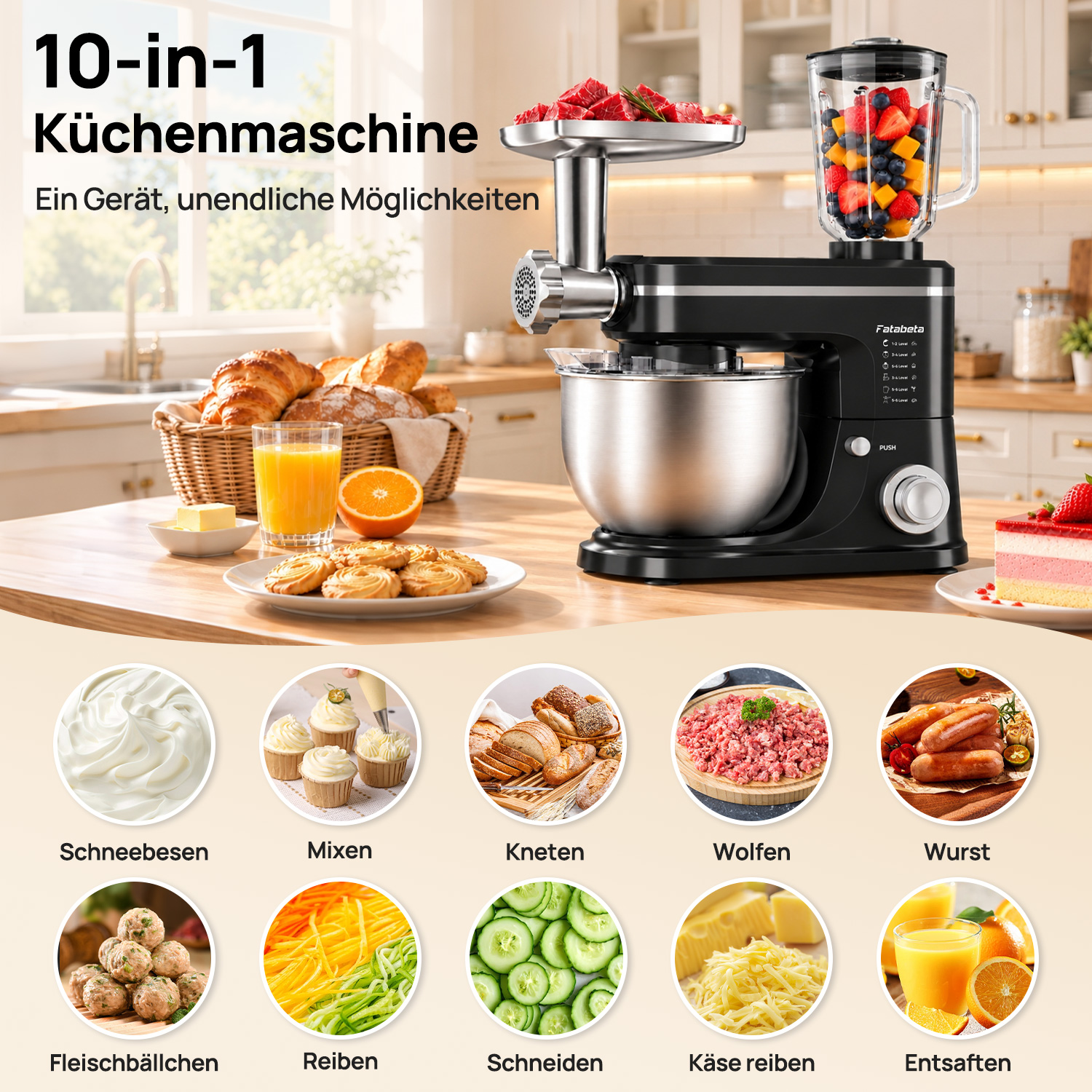 Eine schwarze 10-in-1 Küchenmaschine auf einer Holzarbeitsfläche mit Lebensmitteln und Funktionsicons.