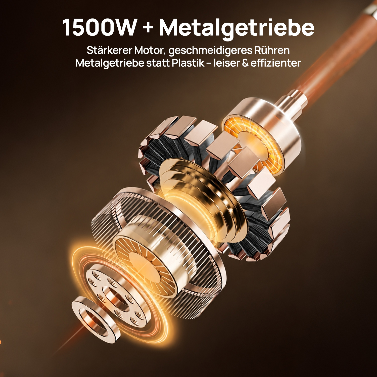 3D-Grafik eines 1500W-Motors mit Metallgetriebe und goldenem Innenleben vor dunklem Hintergrund.