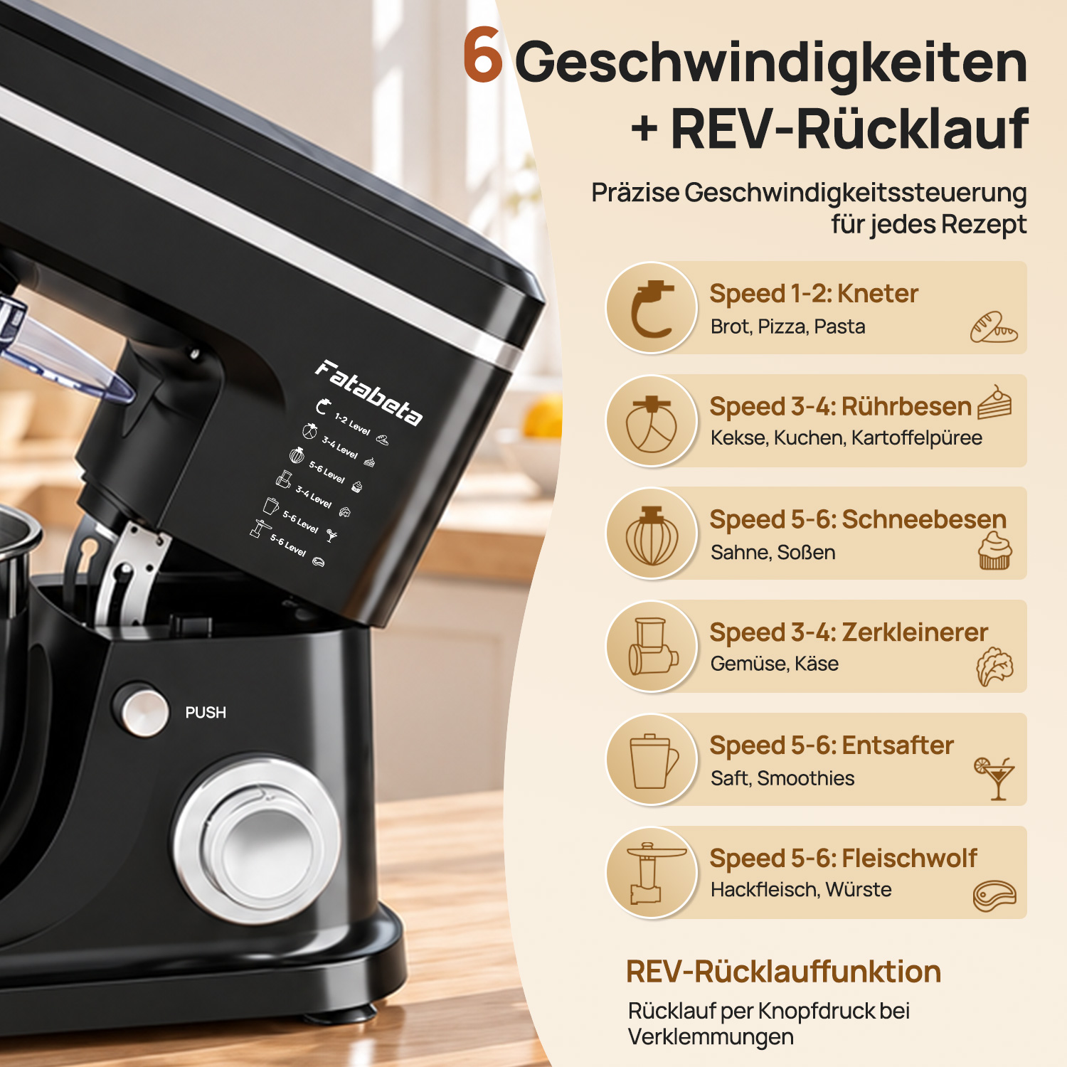 Schwarze Küchenmaschine mit Geschwindigkeitsstufen und Funktionsübersicht.