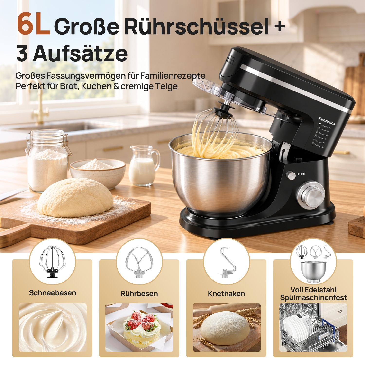 Schwarze Küchenmaschine mit Edelstahl schüssel auf Holztisch und Zubehör.