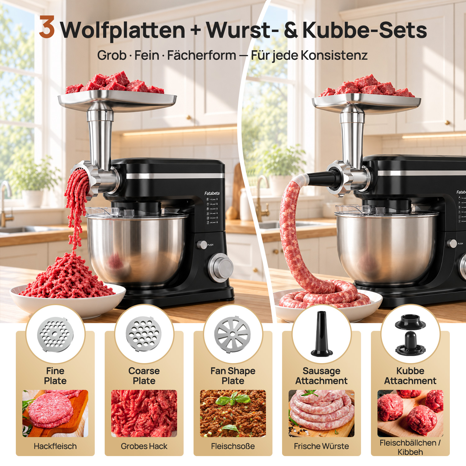 Schwarzer Fleischwolf mit Edelstahlaufsätzen und Zubehör für Hackfleisch, Würste und Kubbe in einer Küche.
