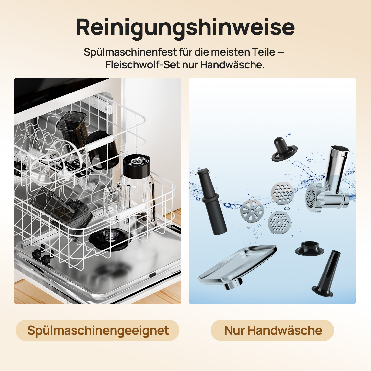 Reinigungshinweise: Teile in Spülmaschine, Fleischwolf-Set per Hand waschen.