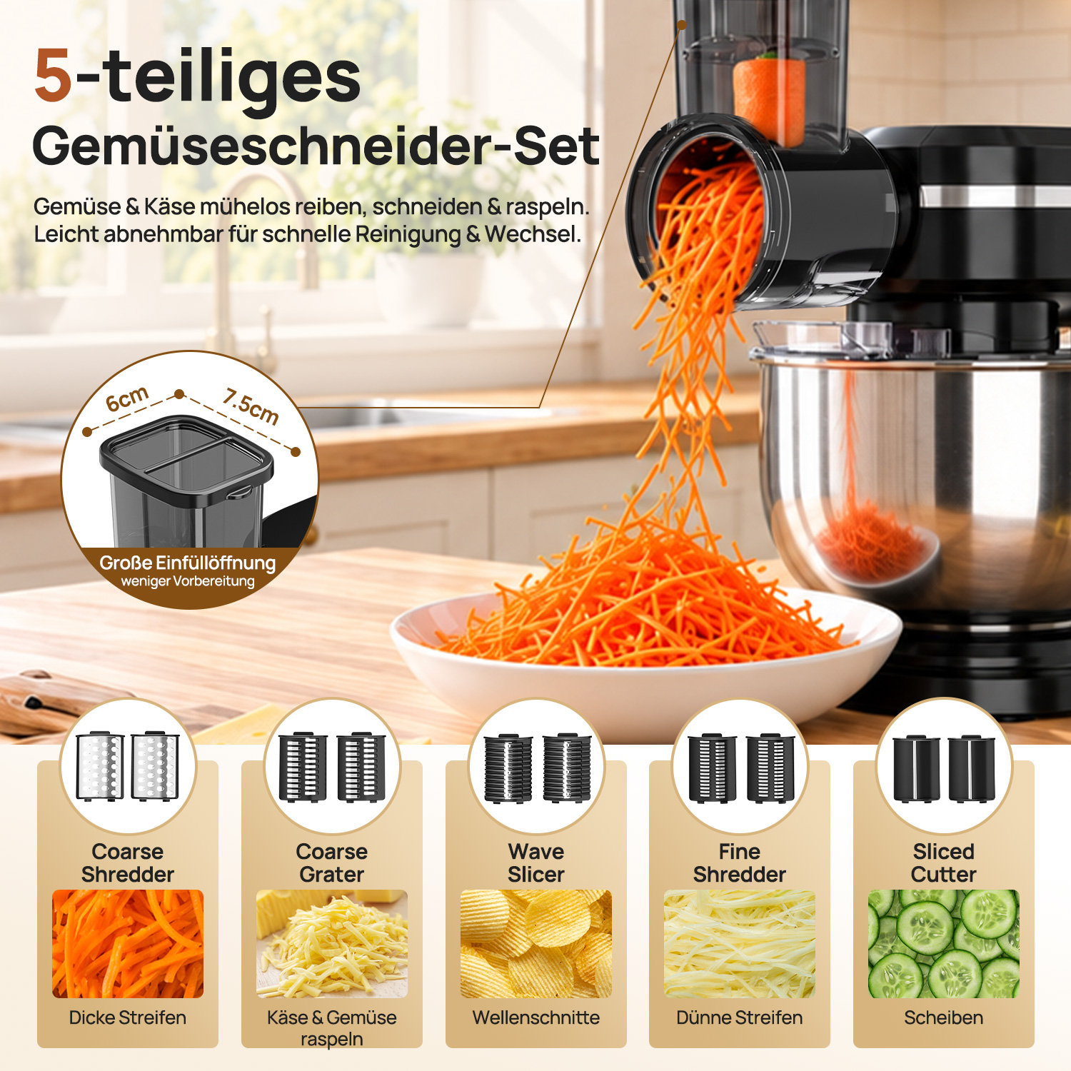 Gemüseschneider-Set raspelt Karotten und Käse mit fünf verschiedenen Einsätzen.