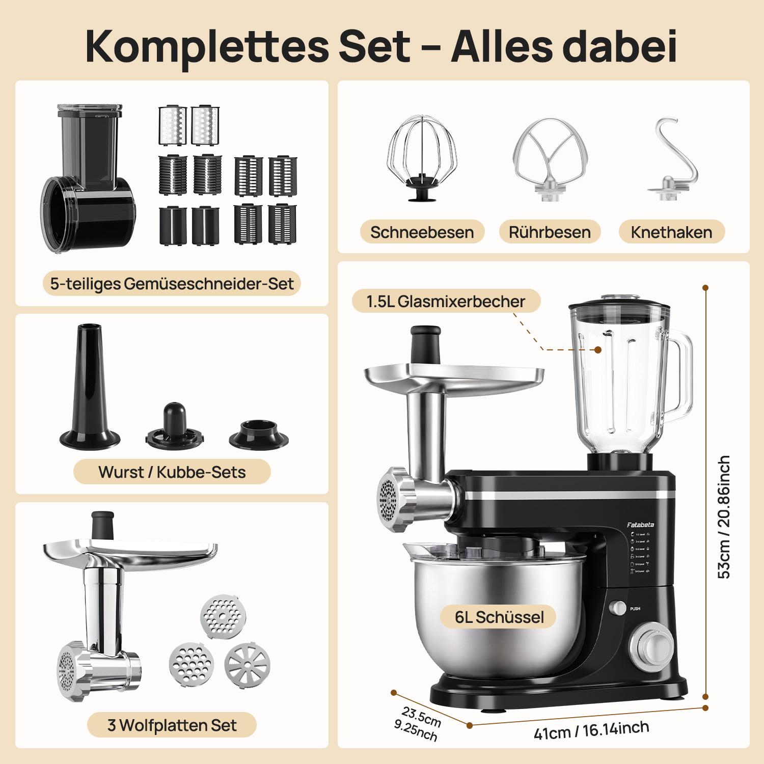Übersicht einer multifunktionalen Küchenmaschine mit Aufsätzen wie Fleischwolf, Mixer und verschiedenen Schneideinsätzen.