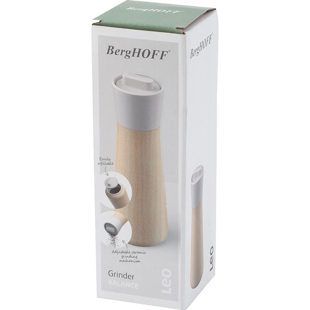 Białe pudełko produktu BergHOFF Leo Grinder Balance z drewnianym młynkiem i funkcjami z przodu.