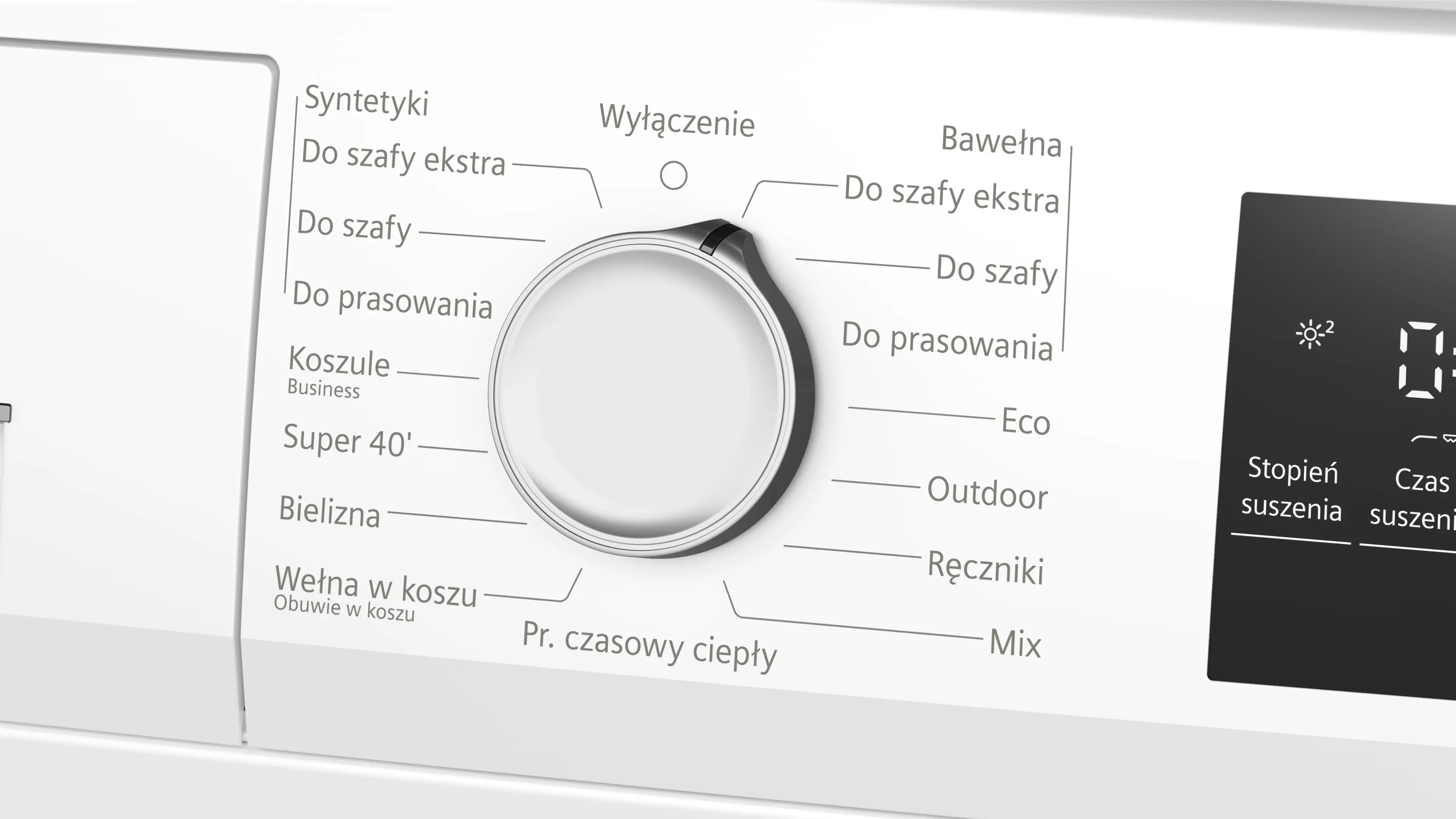 Zbliżenie panelu sterowania białej suszarki z pokrętłem i polskimi napisami programów.