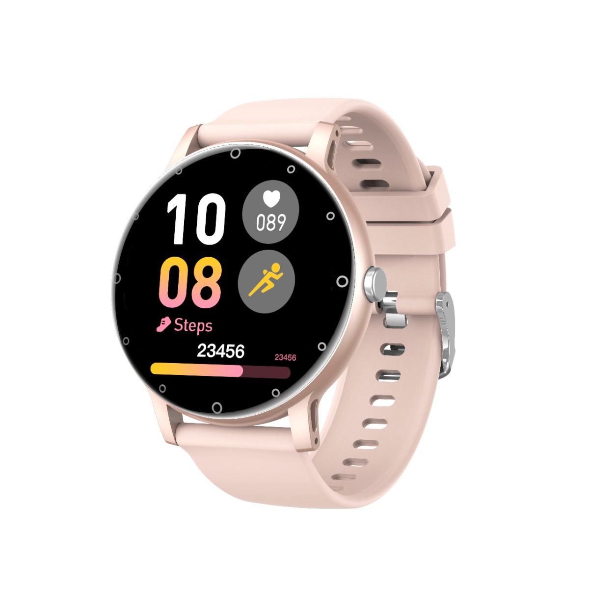 Smartwatch rosa con display rotondo, cardiofrequenzimetro, conteggio passi e cinturino in silicone rosa su sfondo bianco.