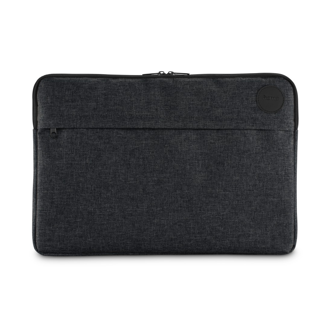 Ciemnoszary pokrowiec na laptopa z zamkiem błyskawicznym i okrągłym logo na białym tle.