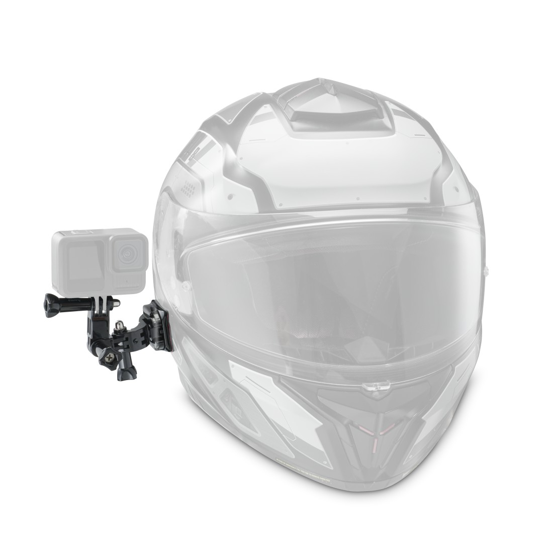 Kamera sportowa jest zamontowana z boku białego kasku motocyklowego za pomocą czarnego uchwytu.