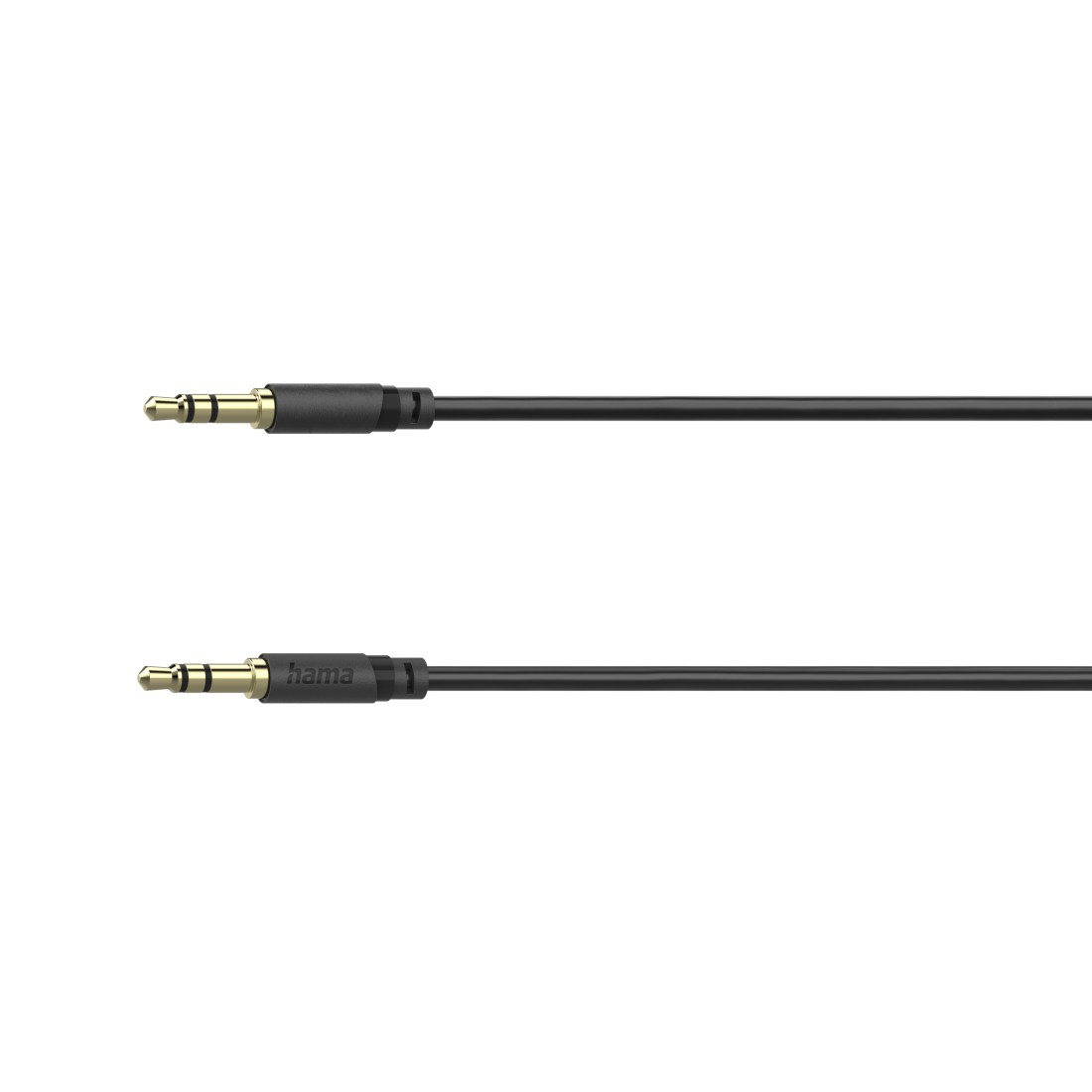 Dwa czarne kable audio ze złotymi wtyczkami jack 3,5 mm na białym tle.