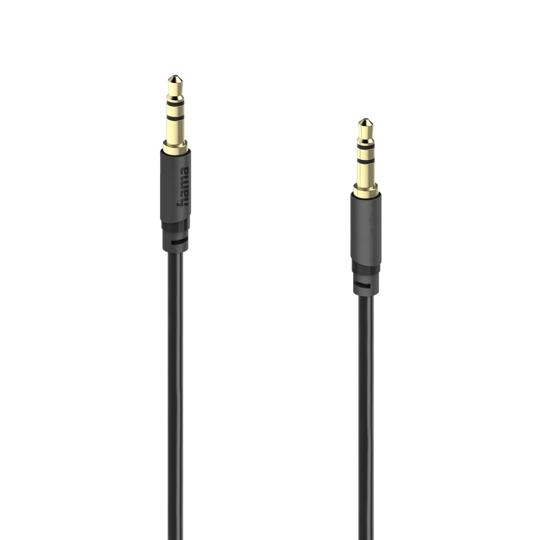 Dwa czarne kable audio z pozłacanymi wtyczkami jack 3,5 mm na białym tle.