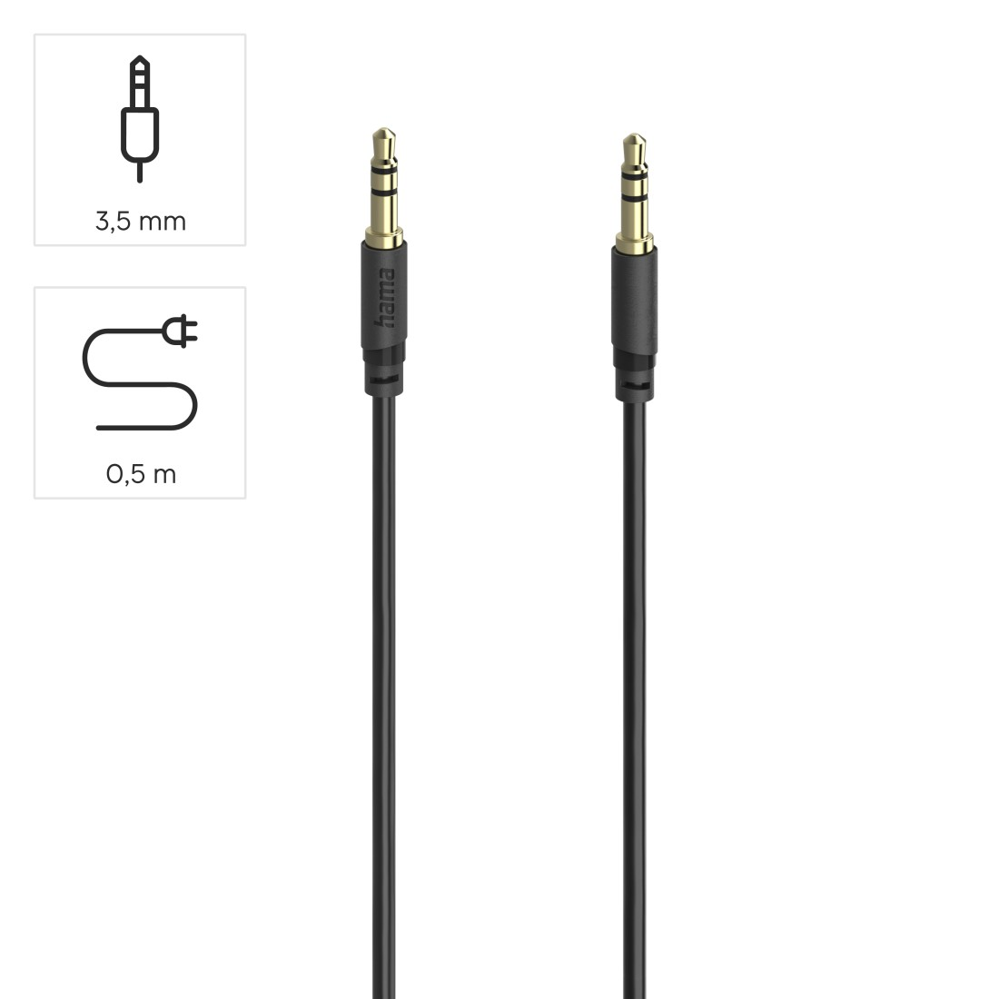 Czarny kabel audio o długości 0,5 m ze złączami jack 3,5 mm.