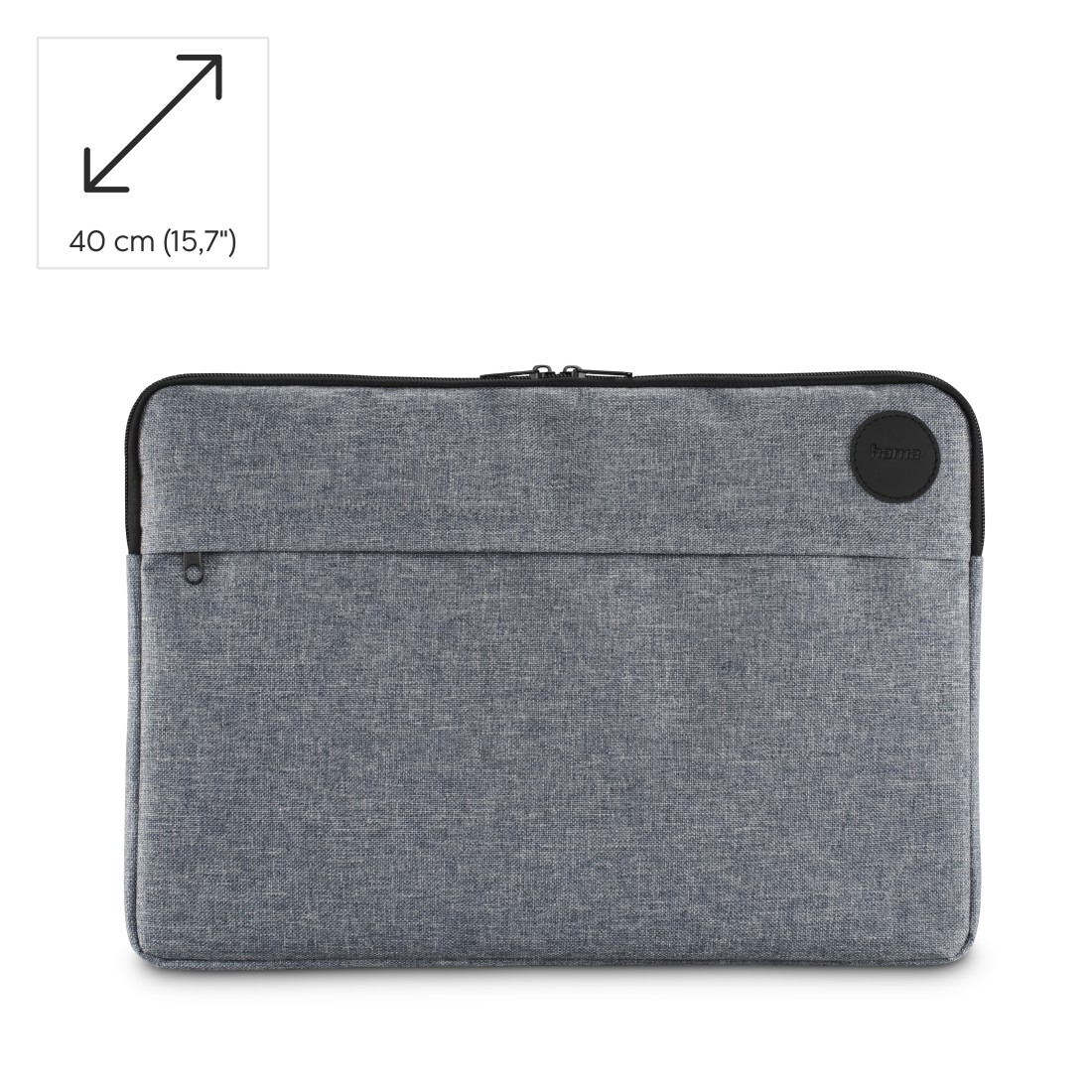 Szare, fakturowane etui na laptopa z czarnym zamkiem i logo, obok ikony wskazującej rozmiar 40 cm (15,7 cala).