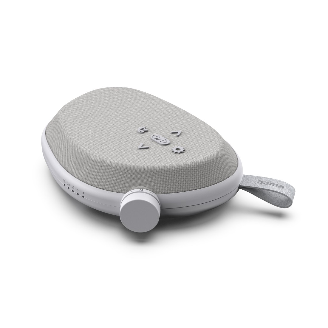 Szary owalny głośnik Bluetooth z materiałowym obiciem, pokrętłem i paskiem na białym tle.