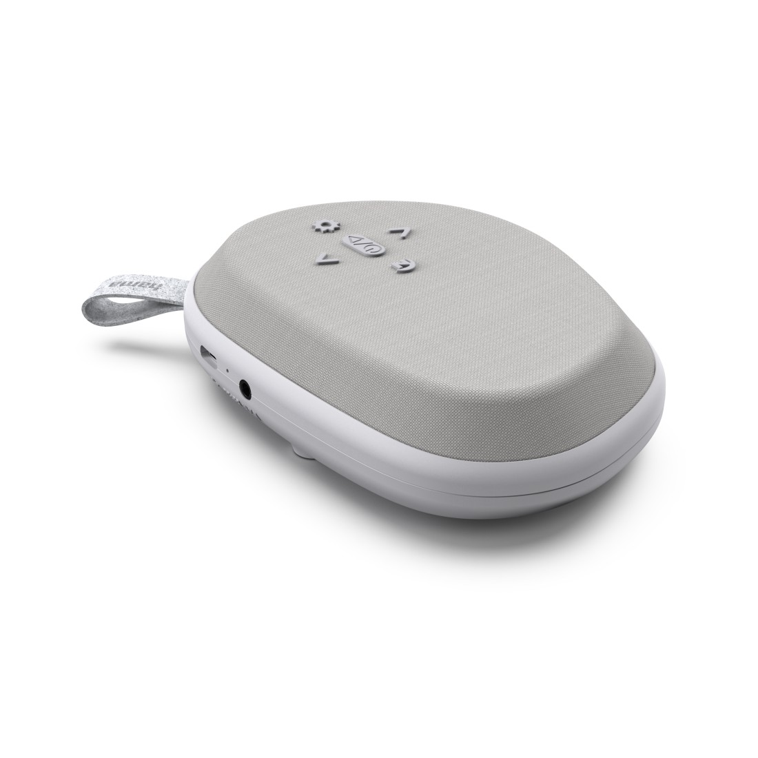 Szary, owalny głośnik Bluetooth z tekstylną górą, przyciskami sterującymi i paskiem na białym tle.