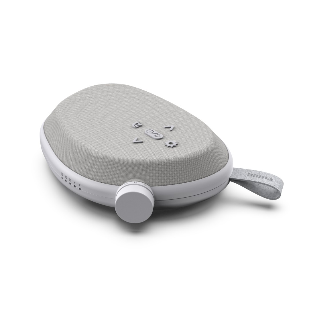 Szary, owalny głośnik Bluetooth z pokrętłem, tekstylnym obiciem i małą pętlą.
