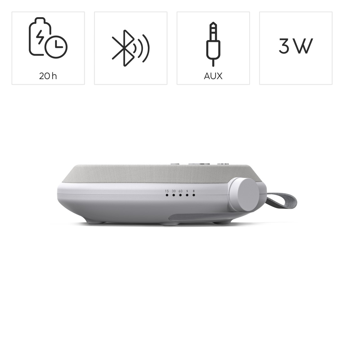 Szary przenośny głośnik z ikonami baterii, bluetooth, aux i zasilania.
