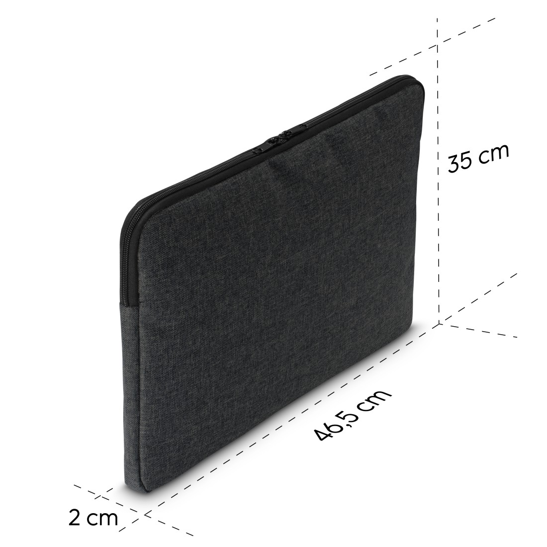 Ciemnoszara etui na laptopa o wymiarach 46,5 x 35 x 2 cm na białym tle.