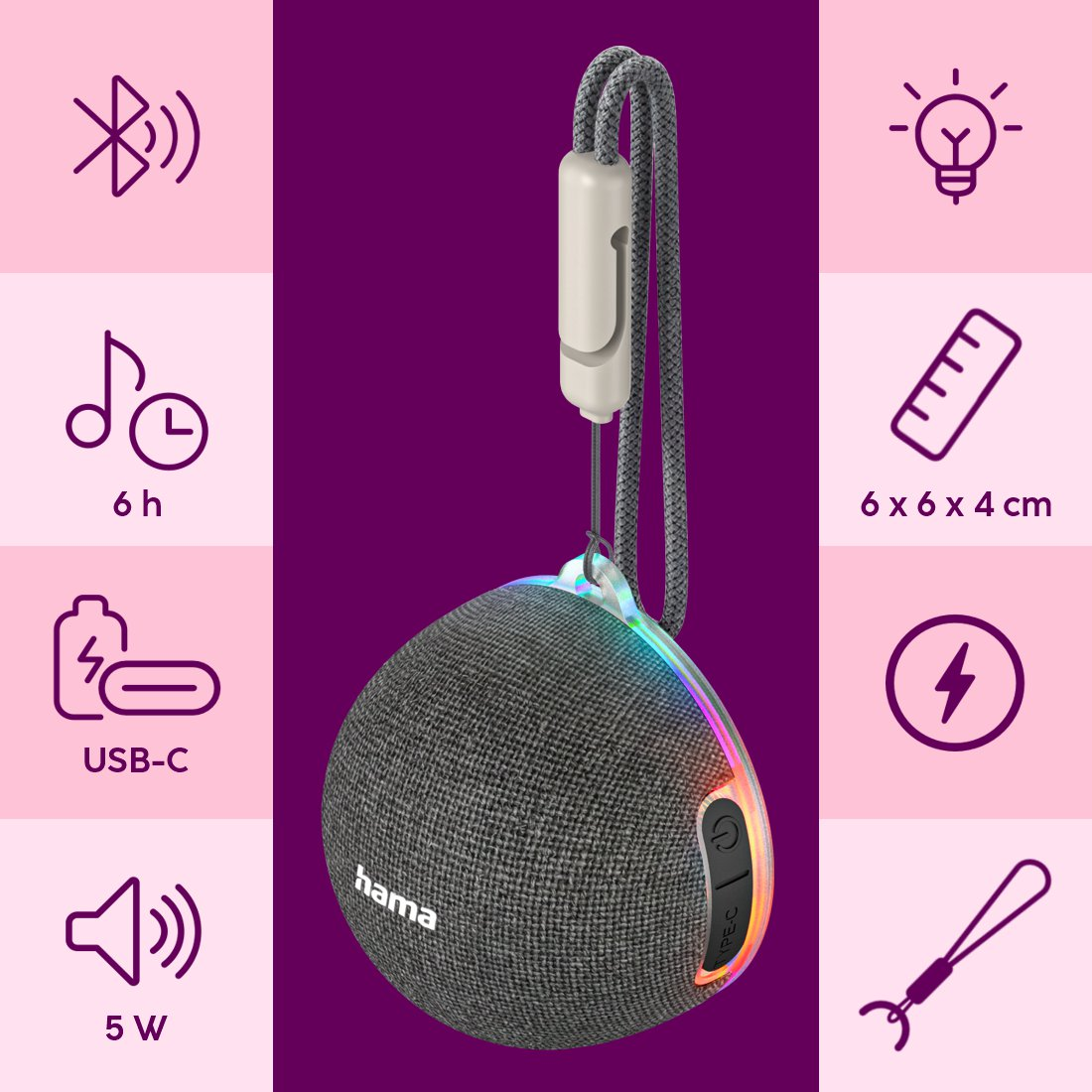 Szary, sferyczny głośnik Bluetooth Hama z paskiem na tle różowym i fioletowym z ikonami.