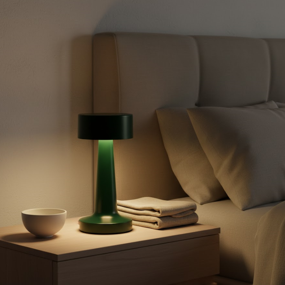 A green table lamp and a white bowl sit on a nightstand beside a bed with pillows.