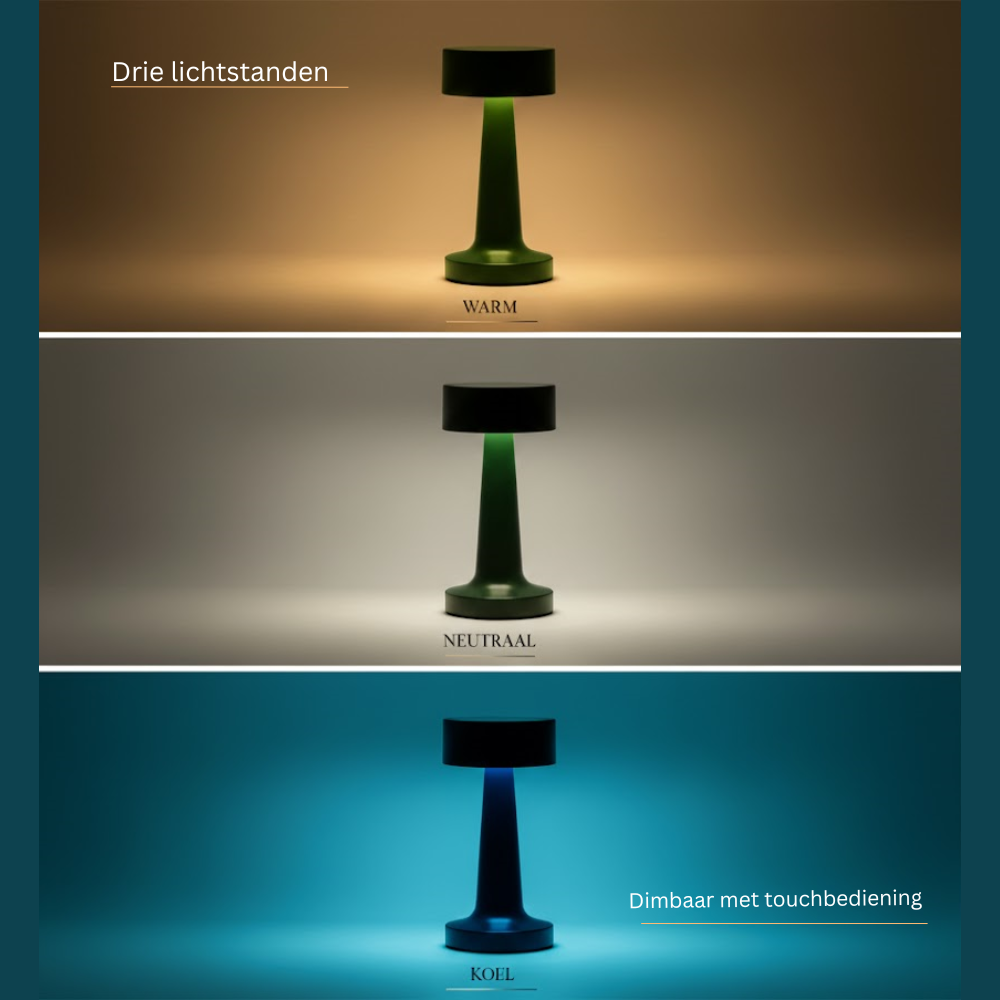 A green table lamp showing three different lighting modes: warm, neutral, and cool.
