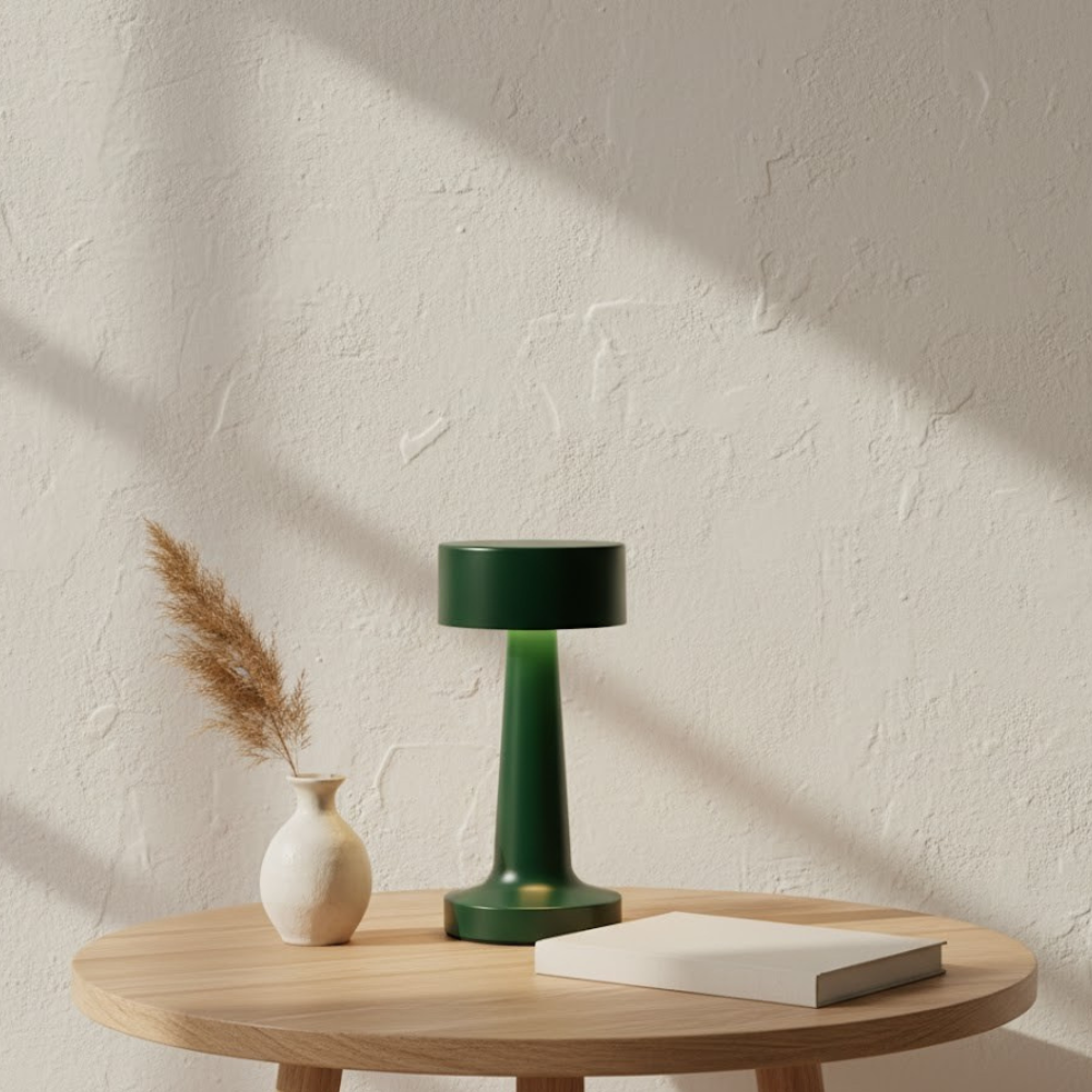 A green lamp, a white vase with reeds, and a book on a wooden table against a textured wall.