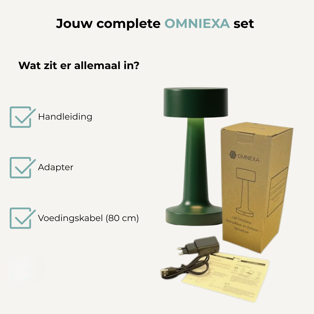 Omniexa set includes a green lamp, box, adapter, power cable, and manual, shown on a light background with text.
