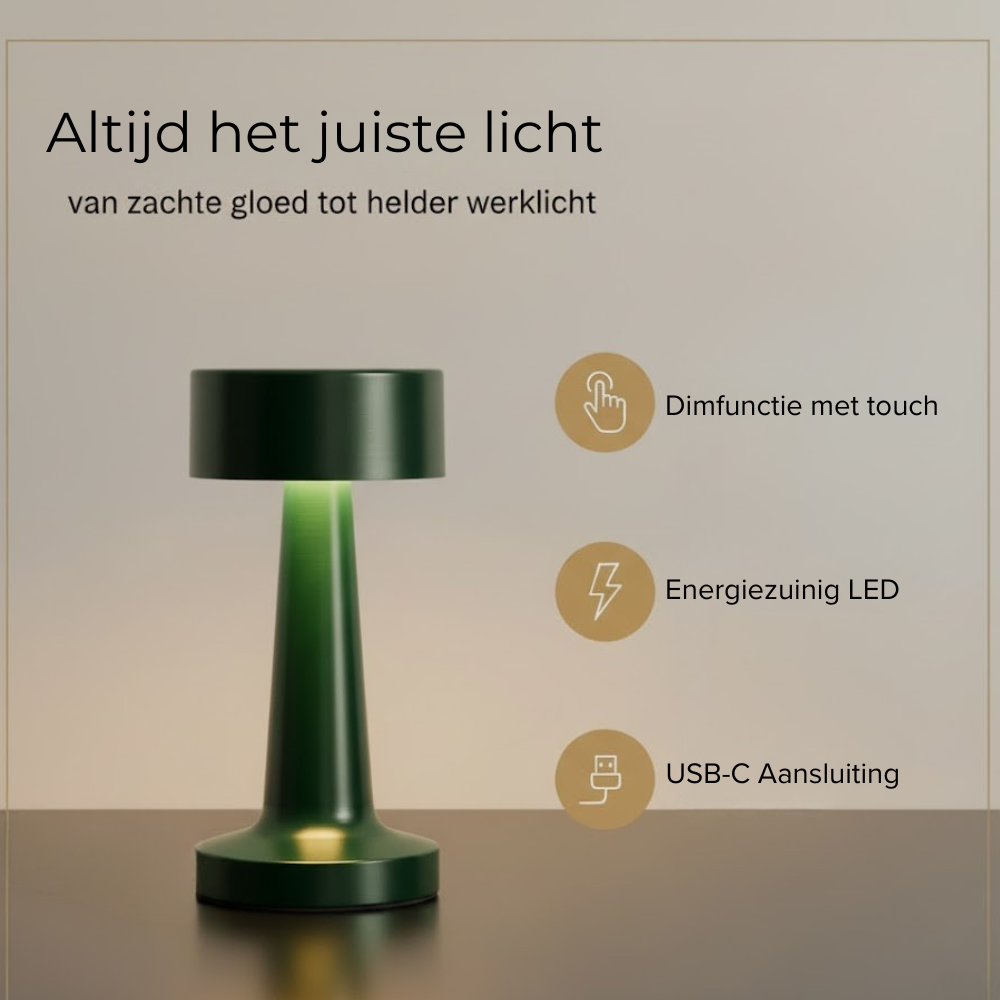 A modern green desk lamp with touch dimming, LED light, and USB-C port placed on a surface.