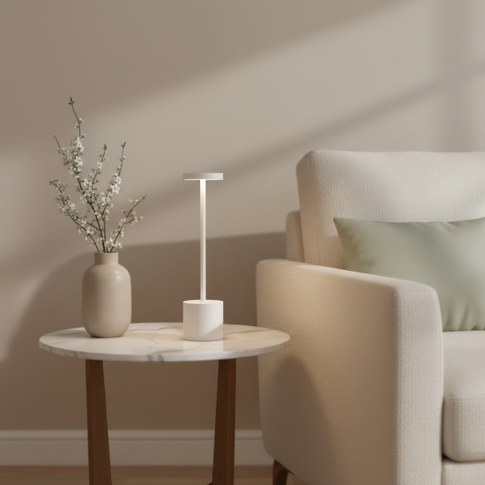 A bright, modern lamp and a vase of flowers sit on a small table next to a light-colored armchair.