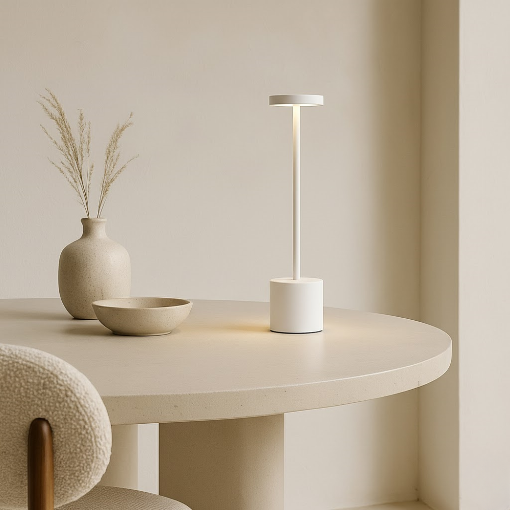 A modern white lamp, a ceramic vase with dried grass, and a small bowl on a round beige table against a wall.