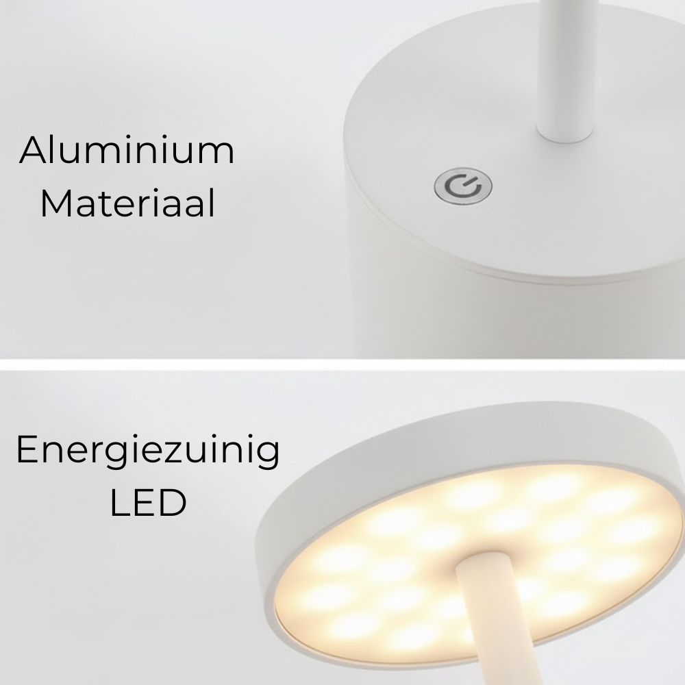 Split image showing a white aluminum lamp base with power button and its bright LED underside.