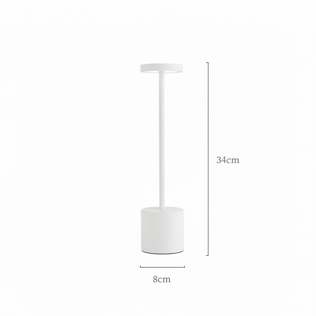 A white desk lamp with a height of 34cm and a base of 8cm.