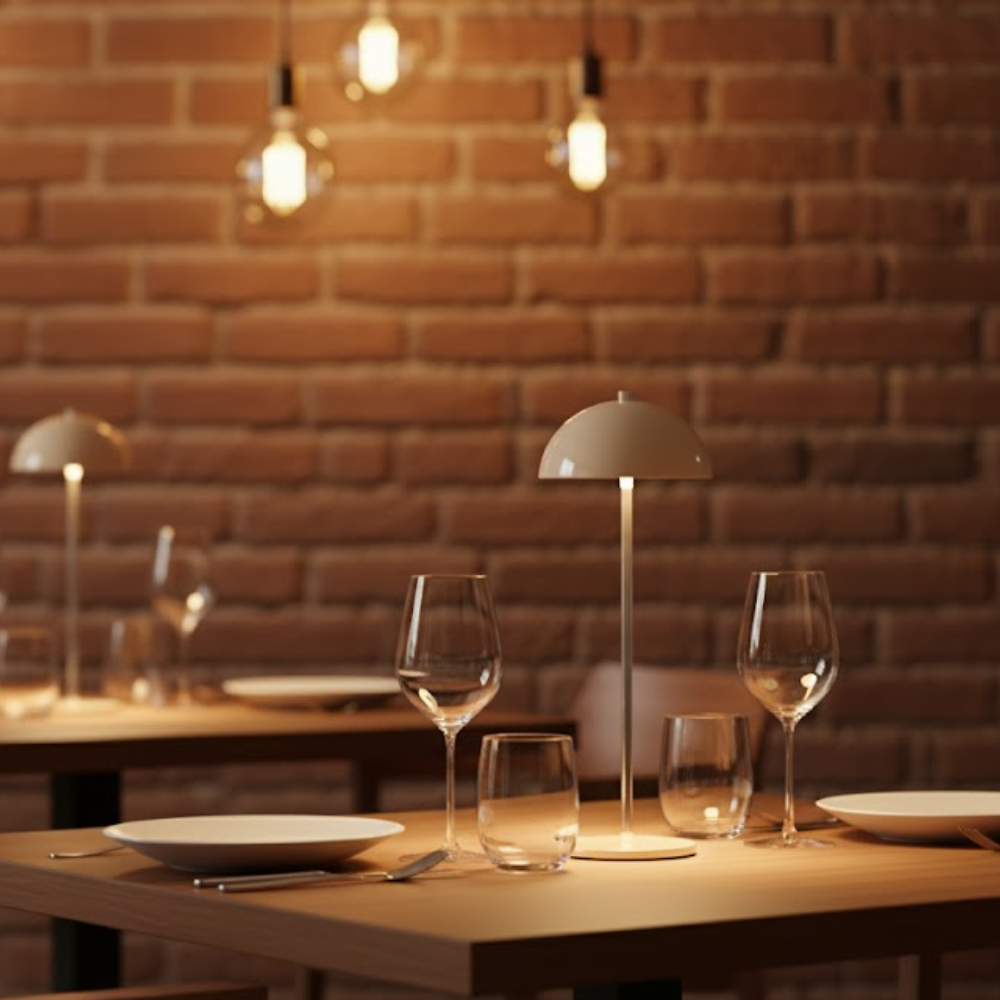 Restaurant tables with plates, glasses, and modern mushroom lamps against a brick wall.