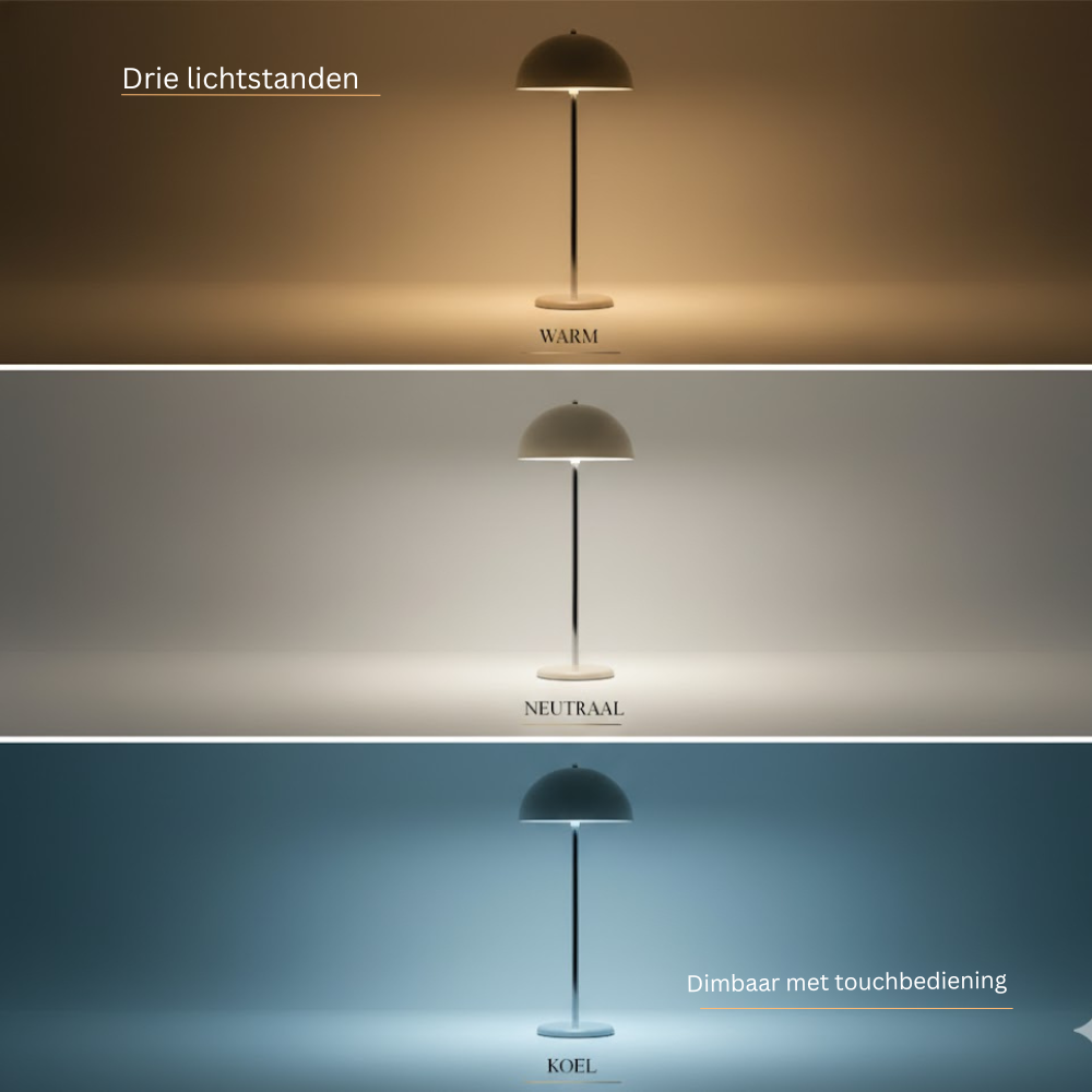A modern lamp shown in three light tones: warm, neutral, and cool.