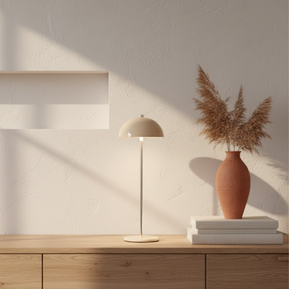 A desk lamp and a vase of dried grass on a wooden dresser against a textured wall.