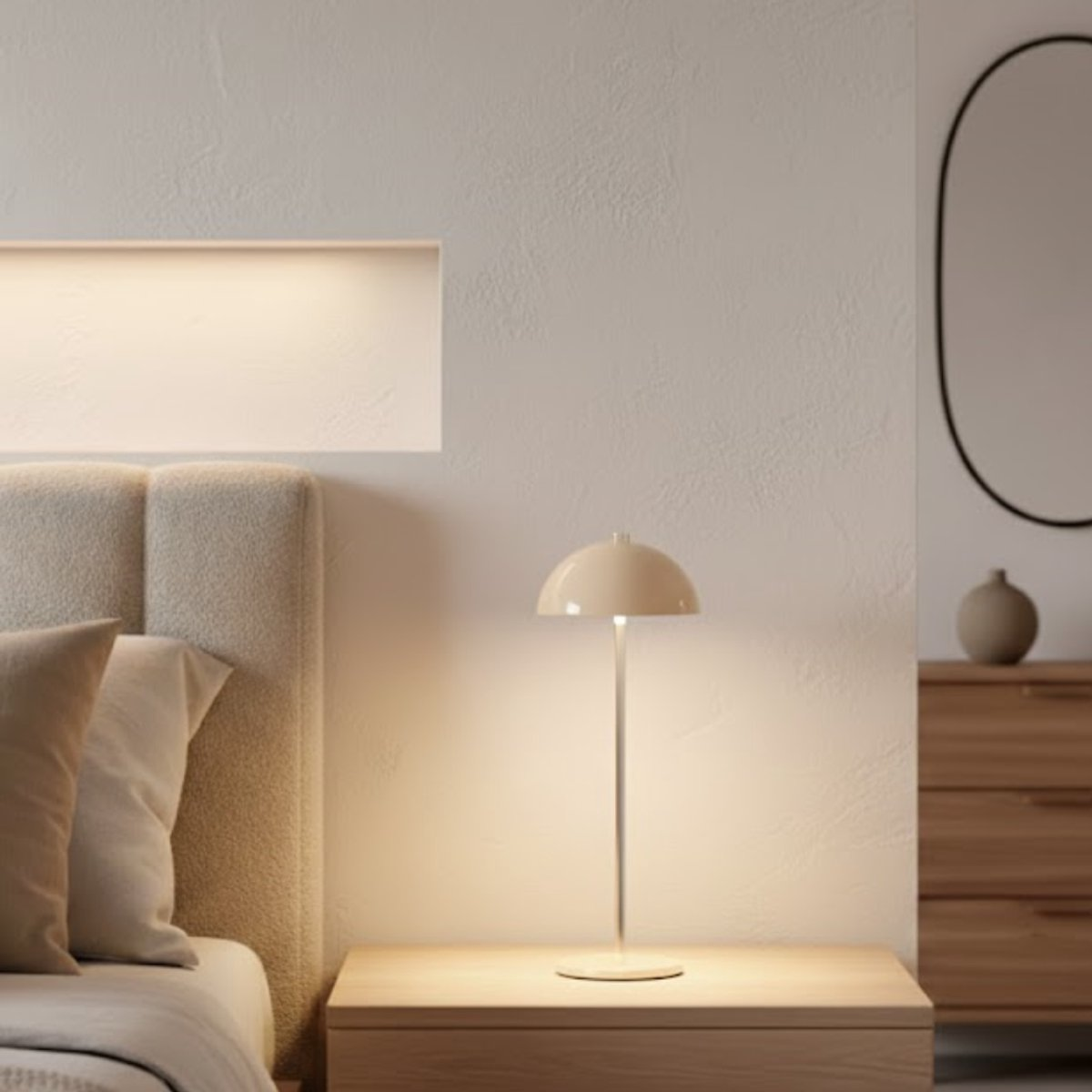 A glowing bedside lamp sits on a wooden nightstand next to an upholstered bed in a serene bedroom.