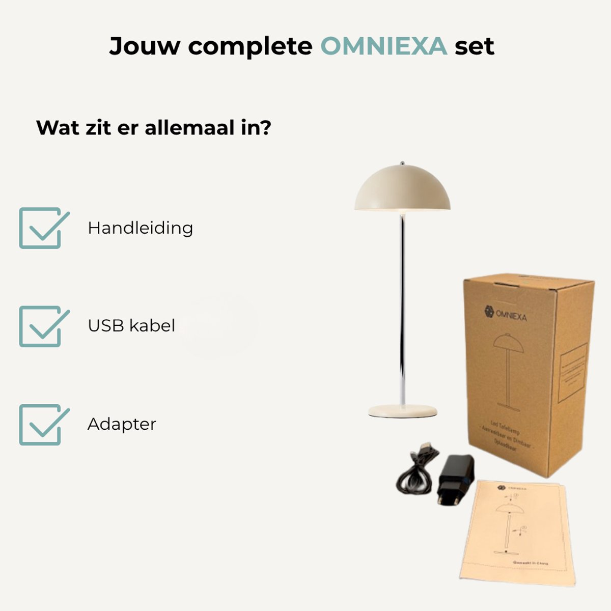 Omniexa set showing a beige lamp, box, cable, adapter, and manual.