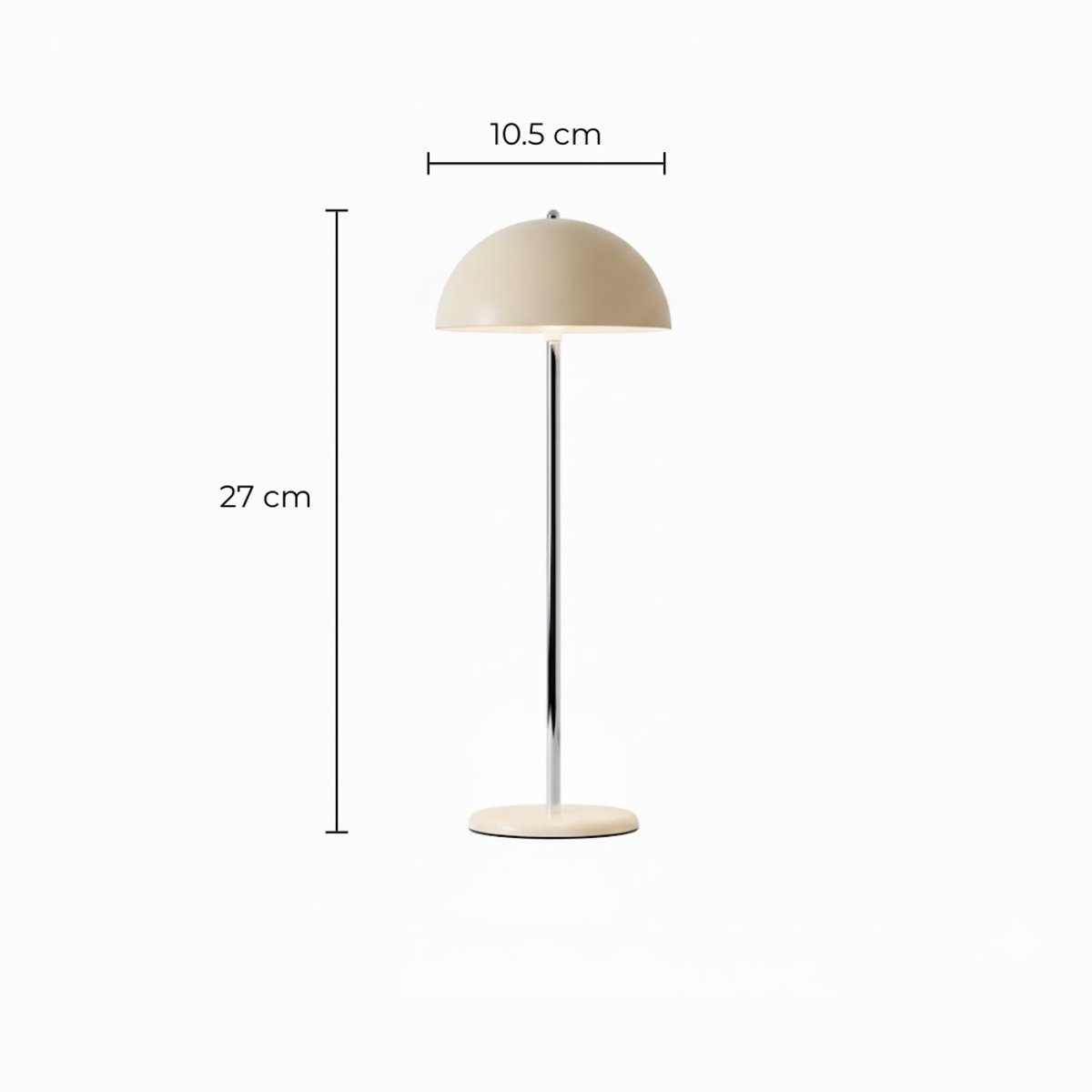 Beige table lamp with a chrome stand and dimensions of 27 cm height and 10.5 cm width.