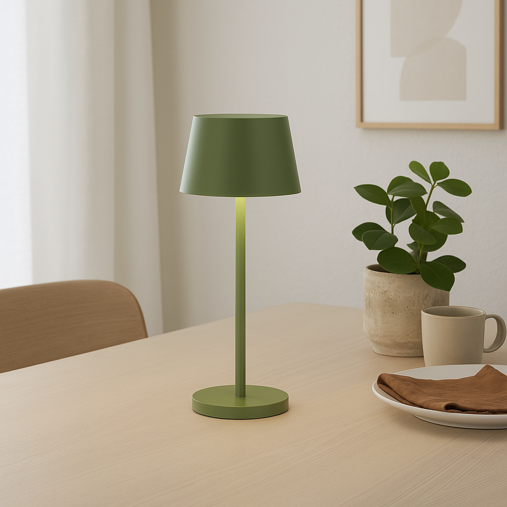 A green table lamp on a wooden table, with a potted plant, a mug, and a plate next to it.