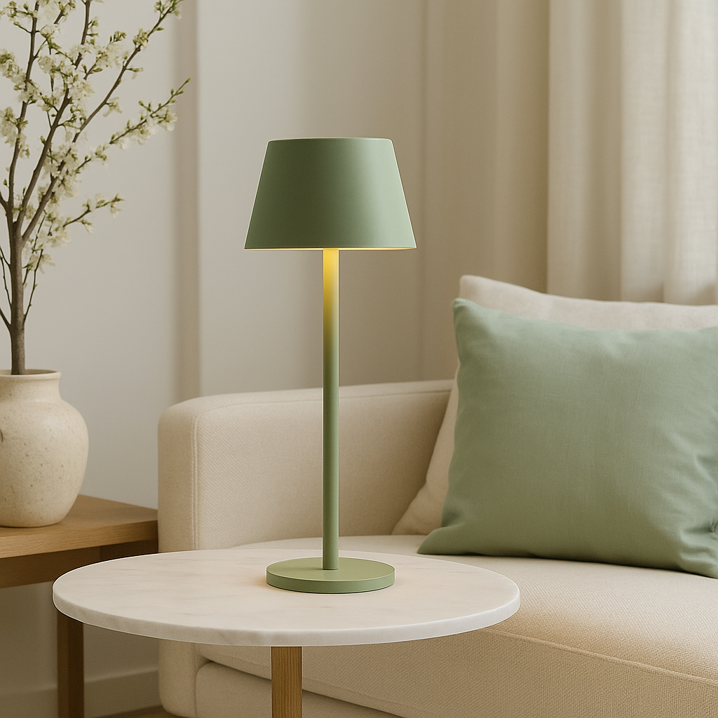 A green table lamp stands on a round marble table, with a sofa and pillows in the background.