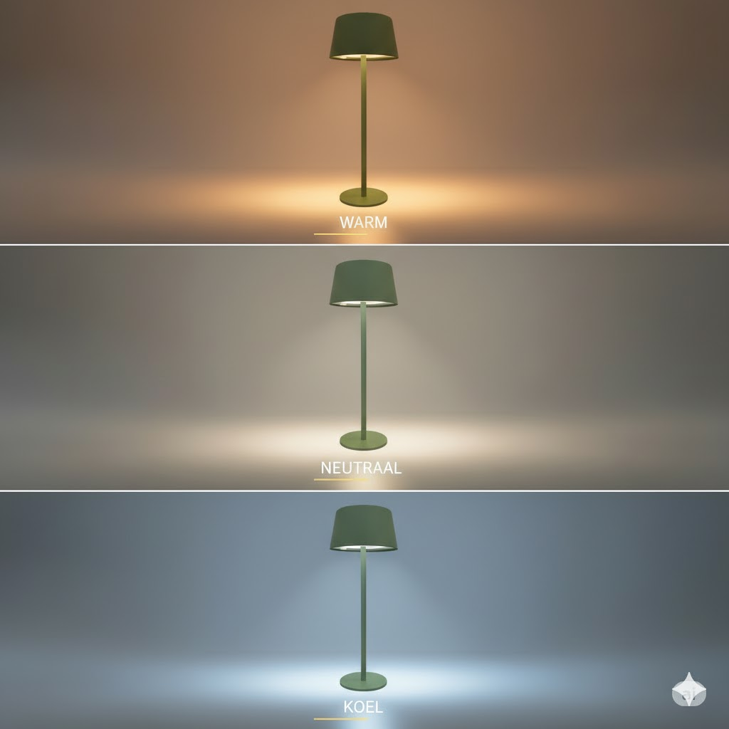 A green floor lamp displays three light temperatures: warm, neutral, and cool.